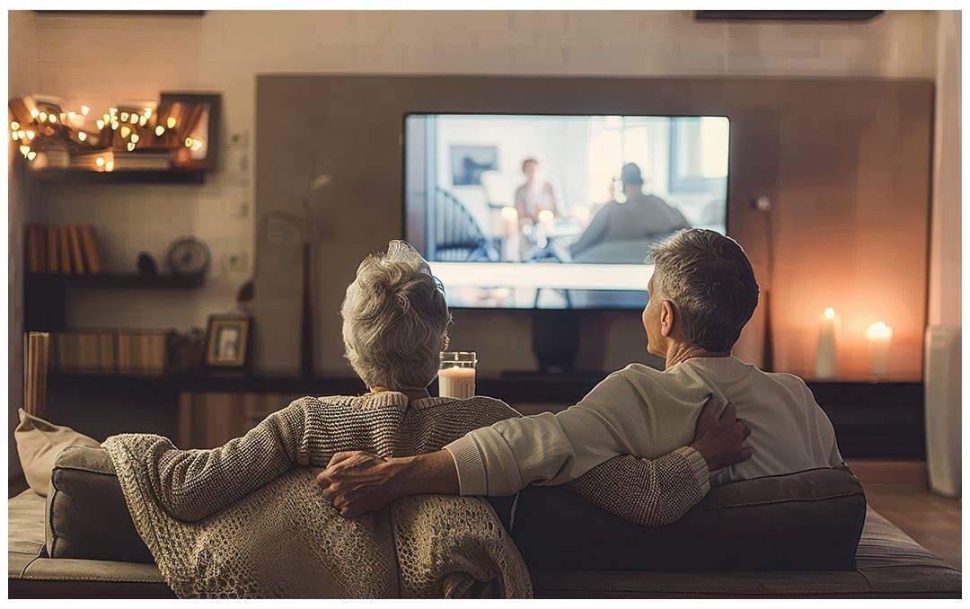 Casal assistindo TV junto no sofá